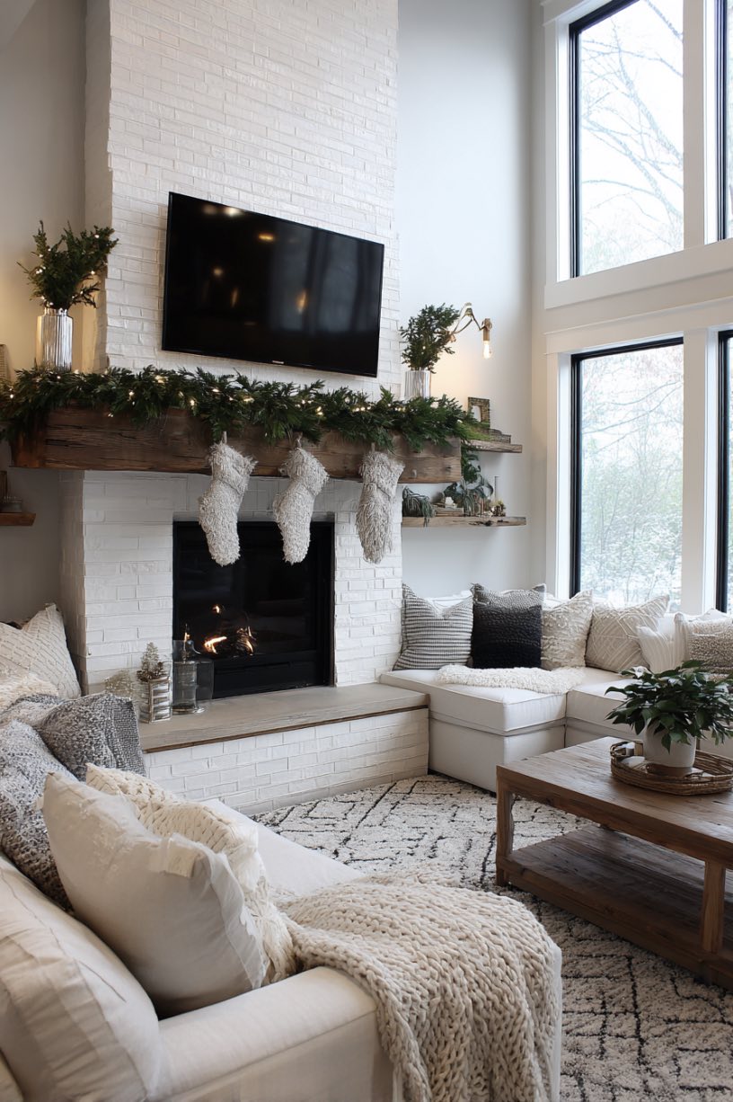 1. Elegant White Brick Fireplace Holiday Display