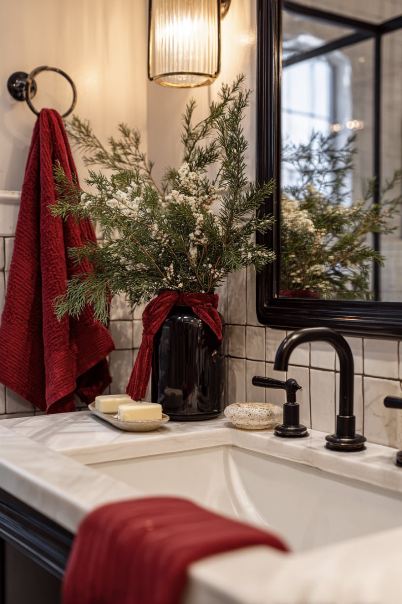 1. Winter Mirror Styling with Evergreen Touches