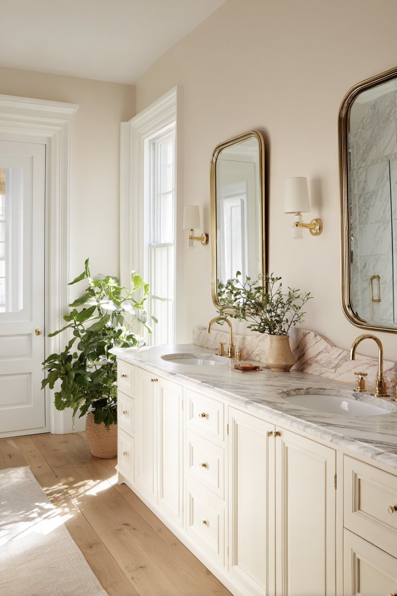 15. Marble and Brass Luxury with Warm Oak
