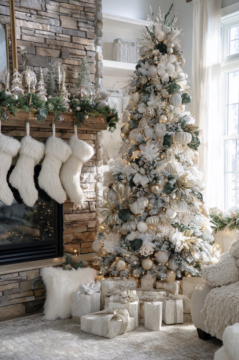 15. White and Silver Christmas Living Room