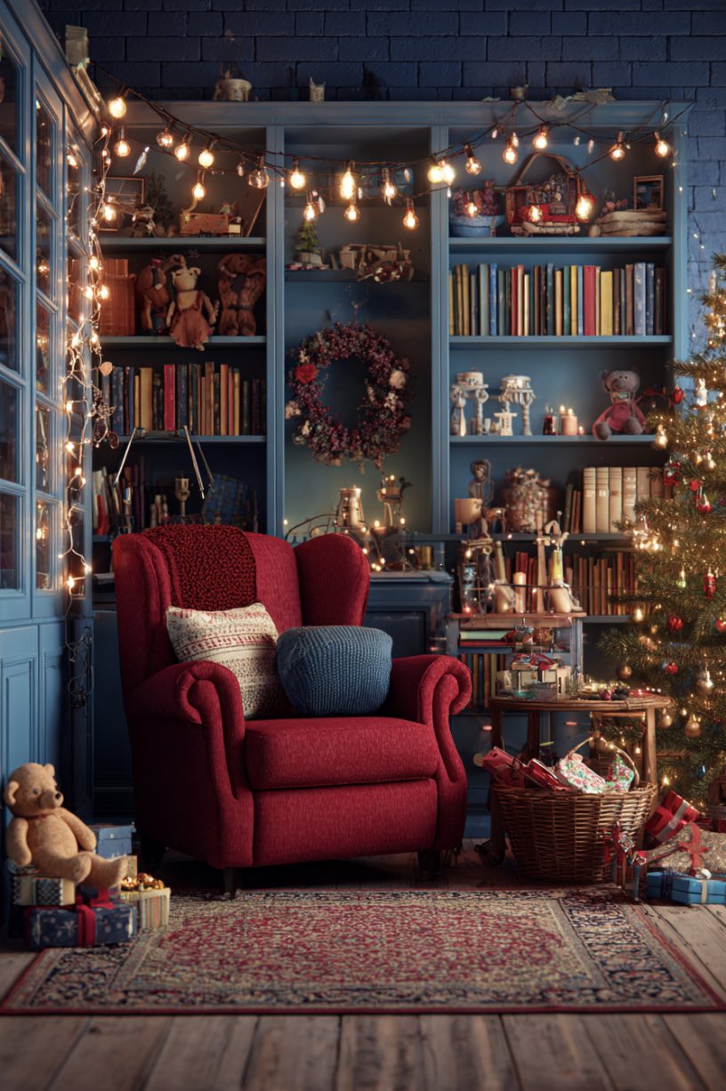 17. Red Armchair Blue Wall Christmas Display