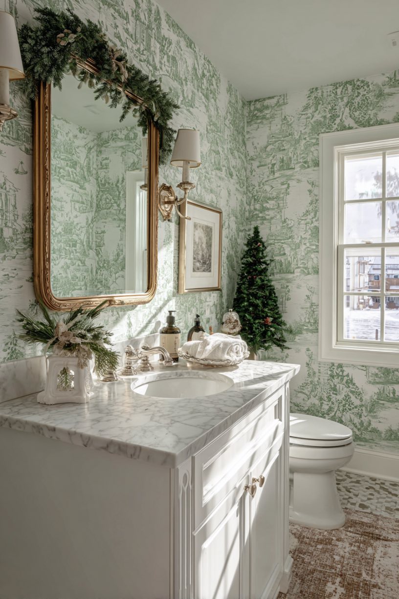 4. Toile Christmas Bathroom Perfection