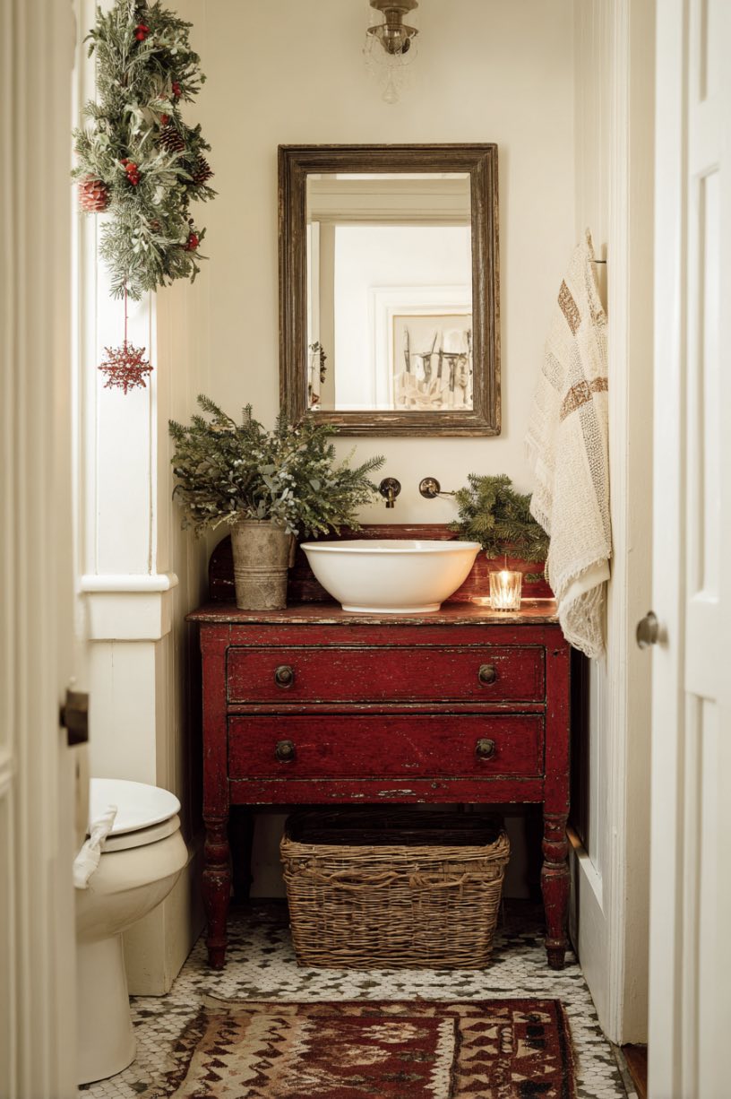 5. Antique Red Vanity Holiday Display