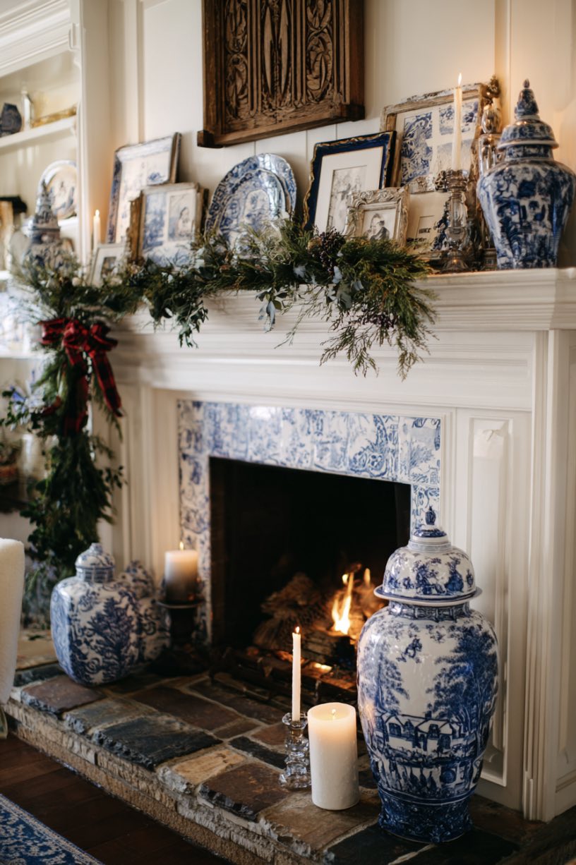 7. Blue and White Porcelain Christmas Fireplace