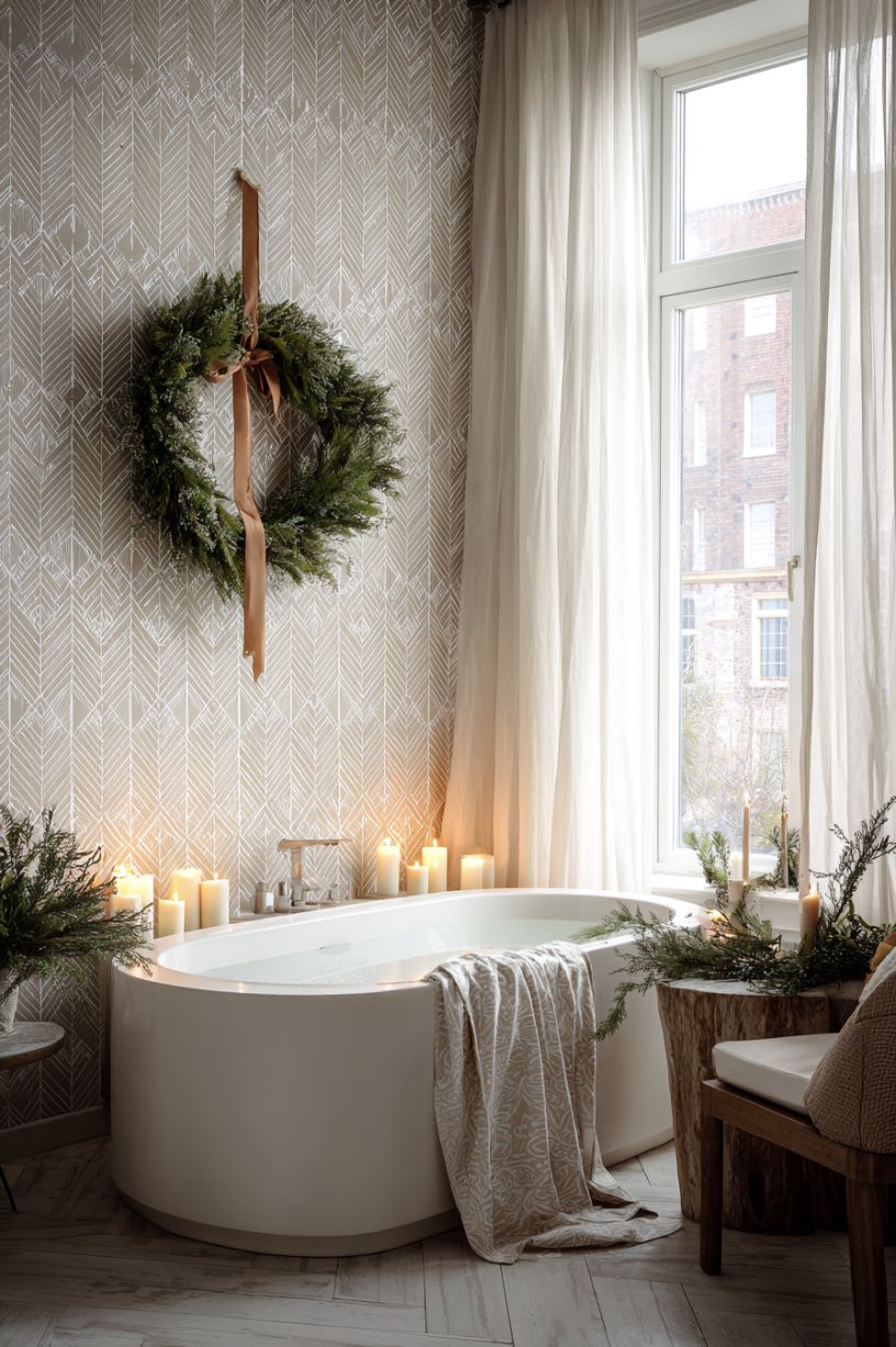 7. Geometric Wallpaper Holiday Bathroom