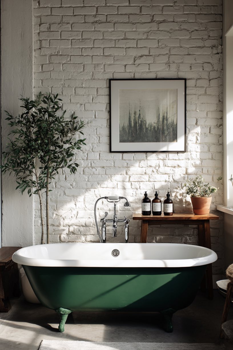 7. Minimalist Green Bathtub Sanctuary