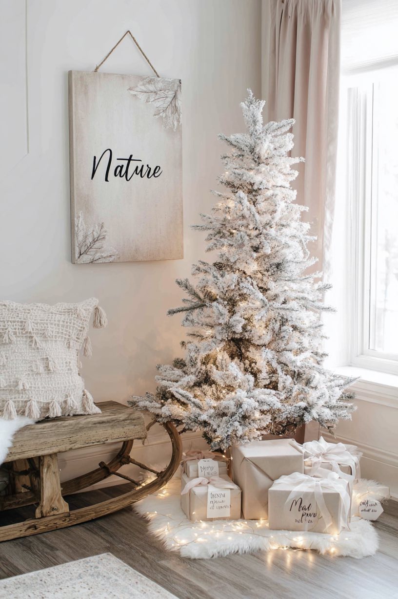 7. Snow Covered Tree Neutral Holiday Decor