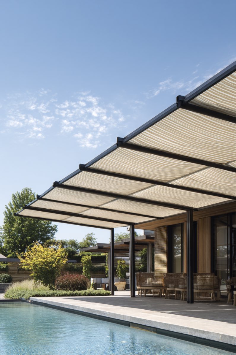 Striped Shade Over Modern Poolside