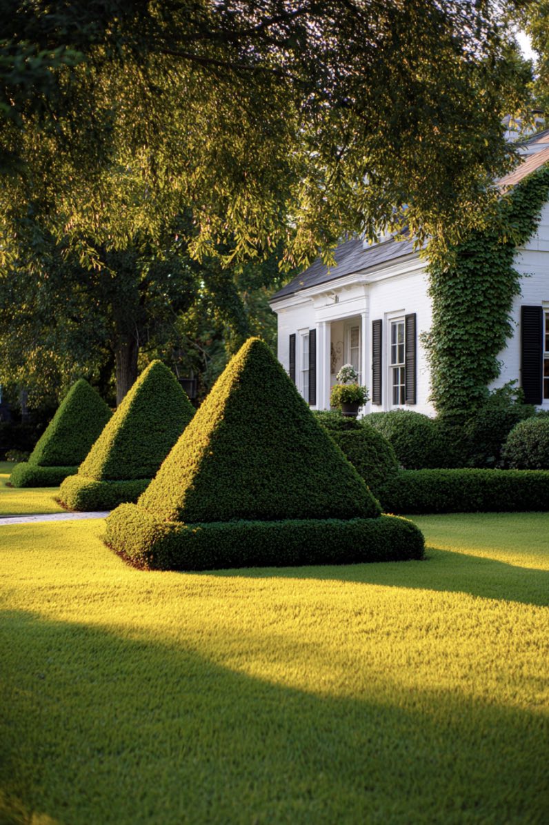 Sunlit Boxwood Pyramids in Classic Yard