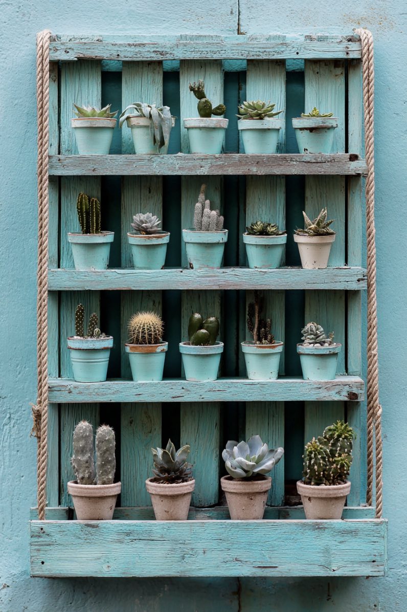 Turquoise Pallet Plant Shelf