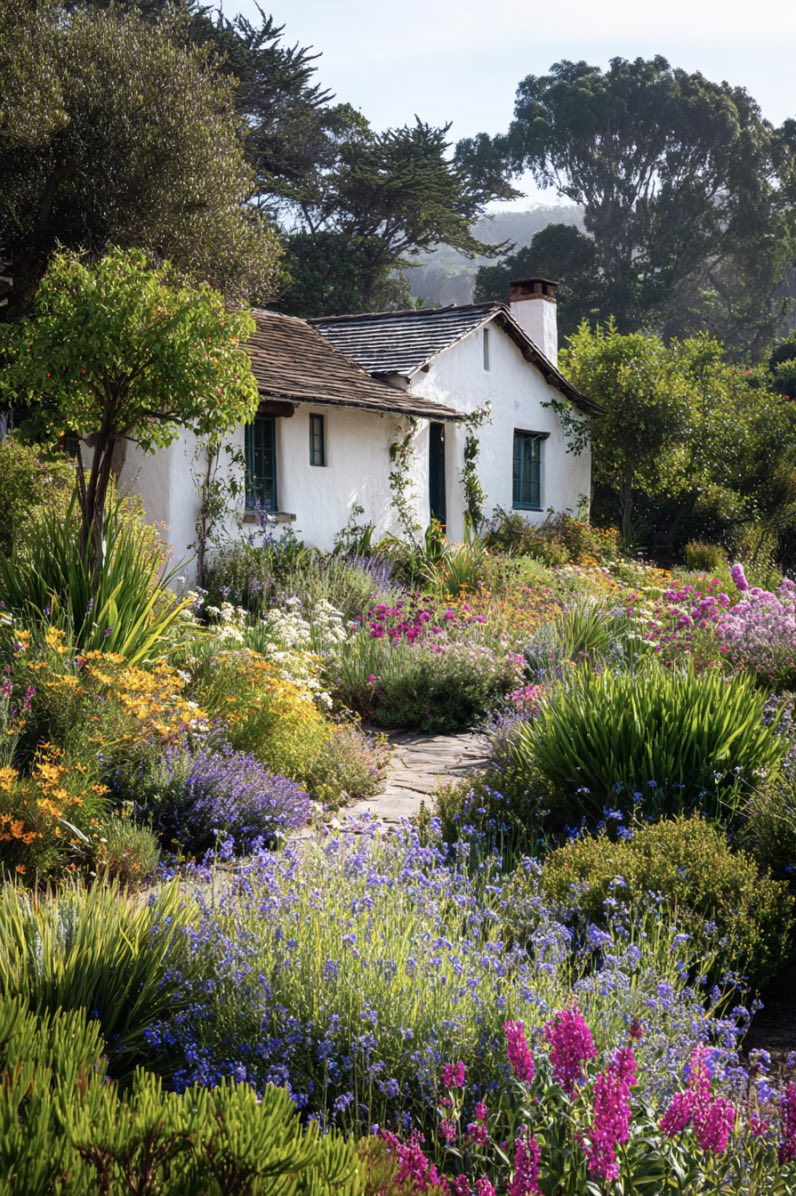 Sunny Adobe Garden with Boxwood Layers