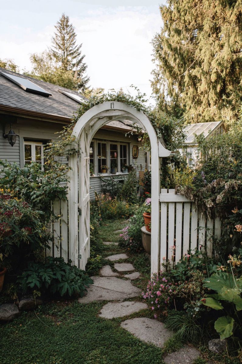 White Arched Wooden Gate with Garden Path