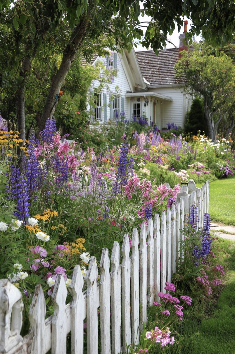 White Picket Fence with Colorful Wildflower Garden