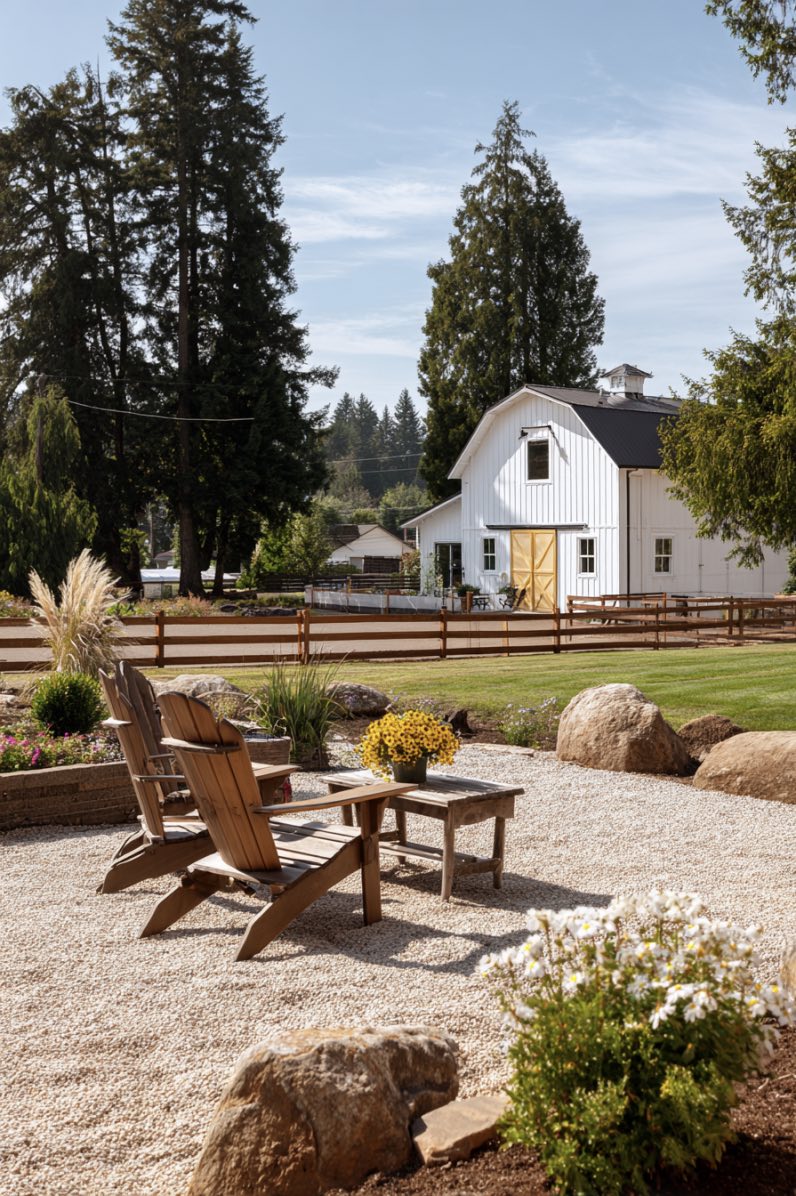 Wooden Fence Around Backyard Patio with Garden Beds