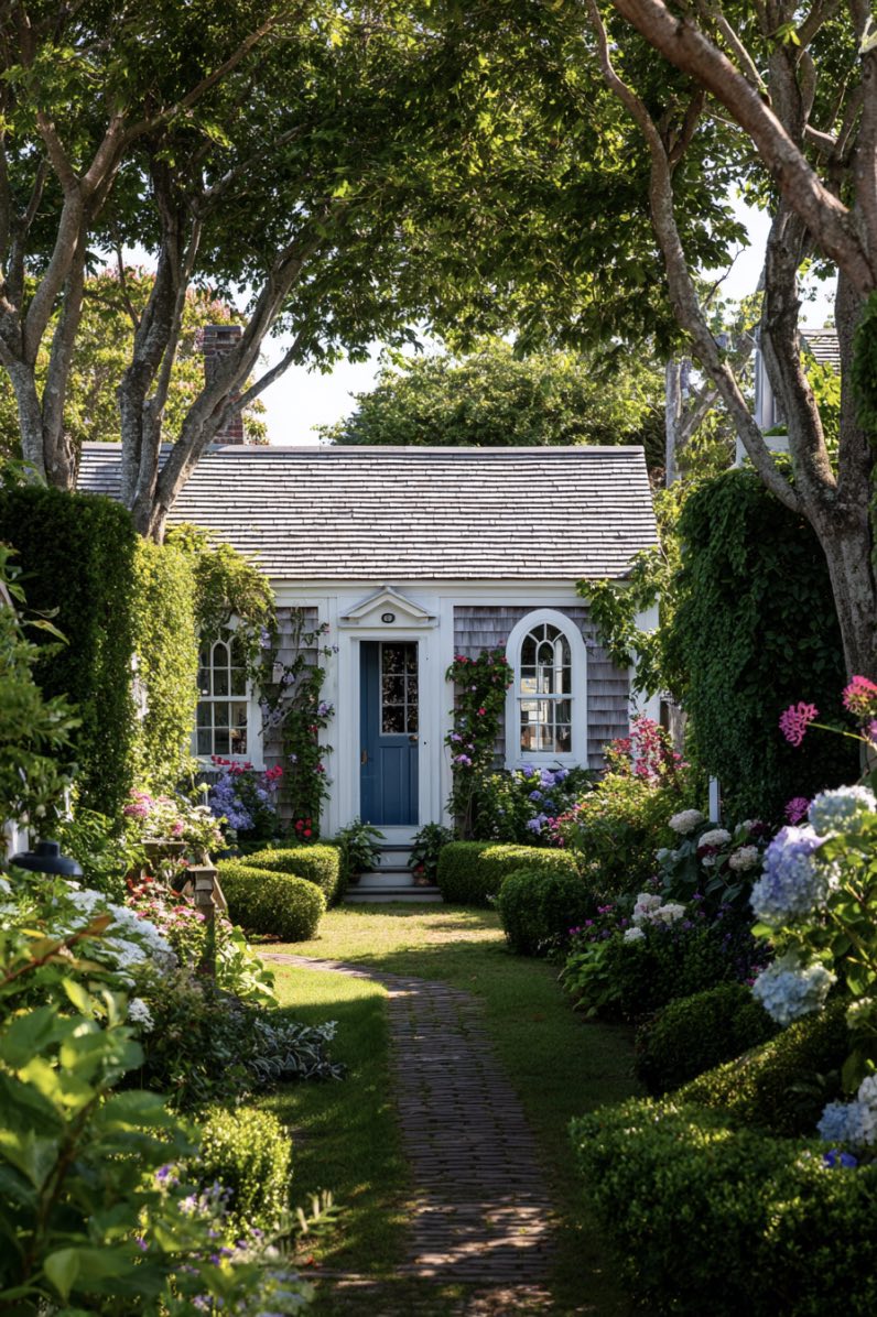 Romantic Cottage Entry with Boxwood Borders