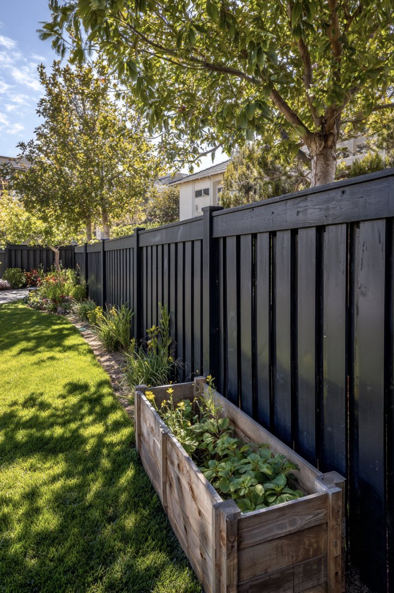 Black Vinyl Backyard Fence with Garden Bed