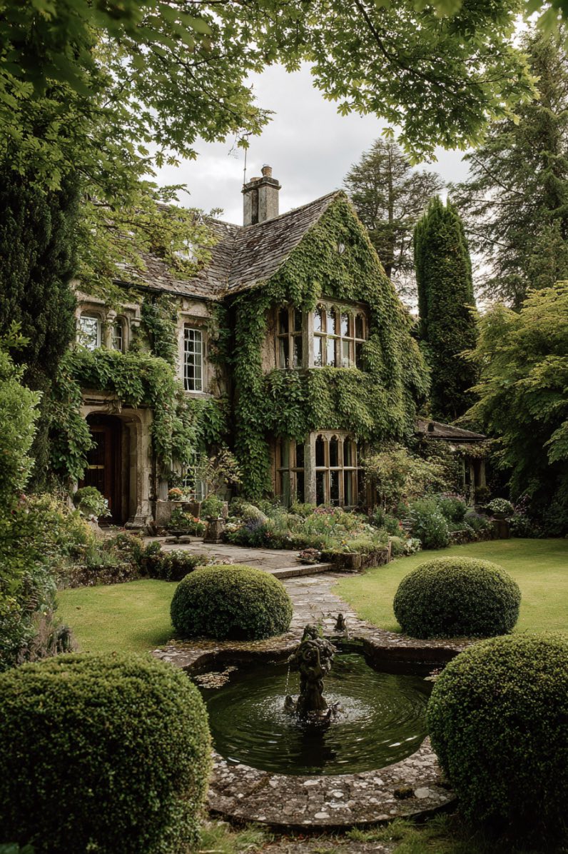 Boxwood Framing a Storybook Cottage Scene