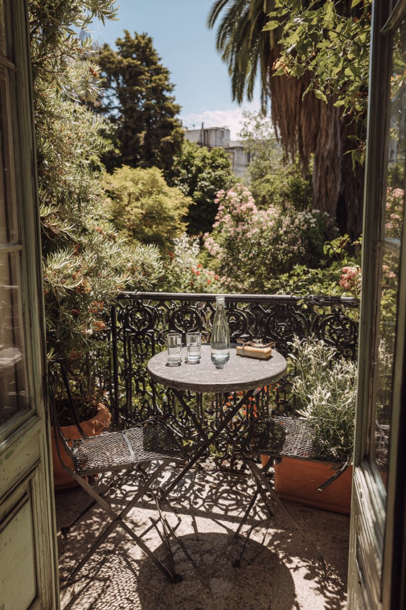 Elegant, Cozy Balcony with Garden View