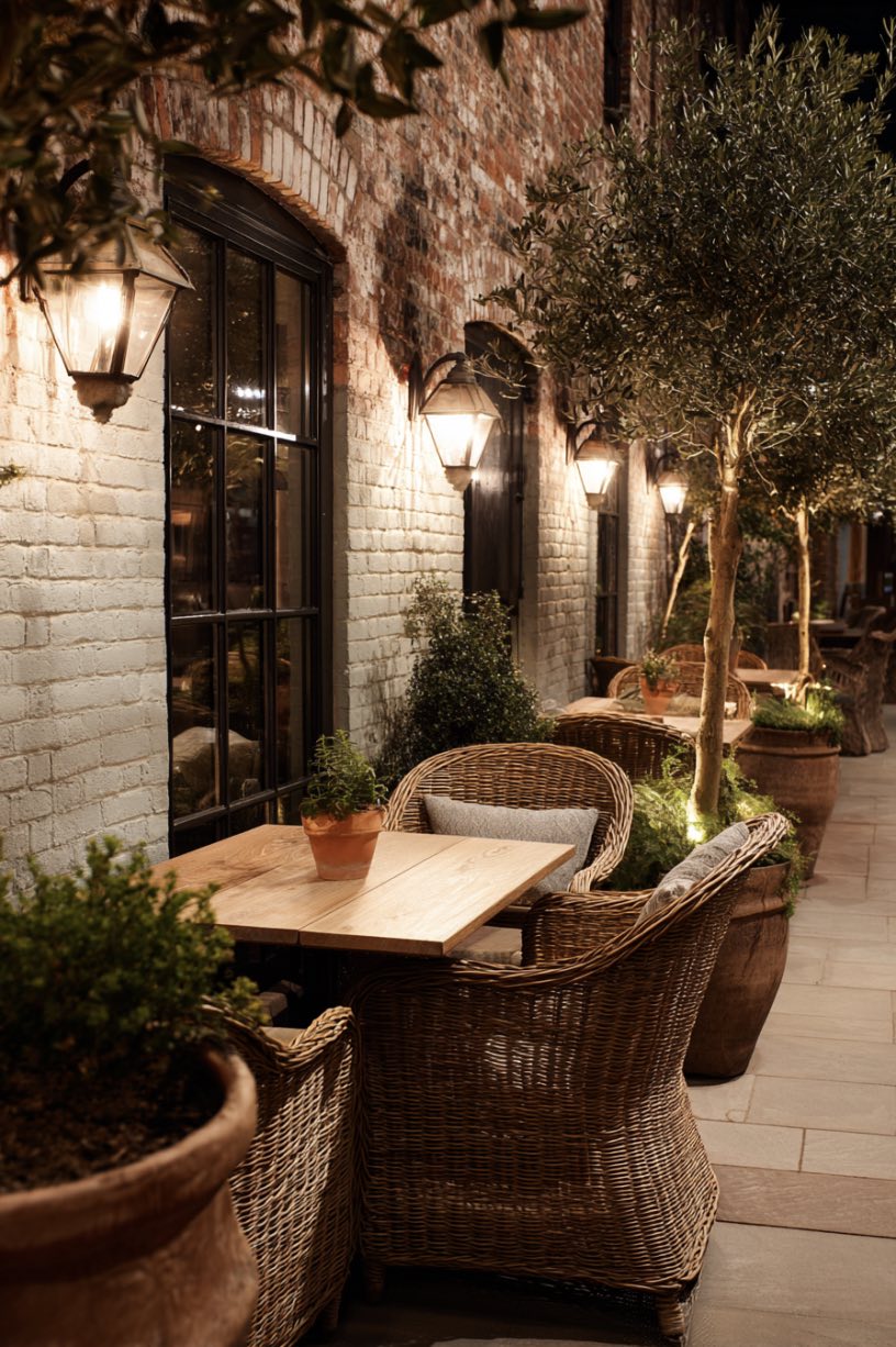 Stylish Outdoor Dining Under Tree Light Glow