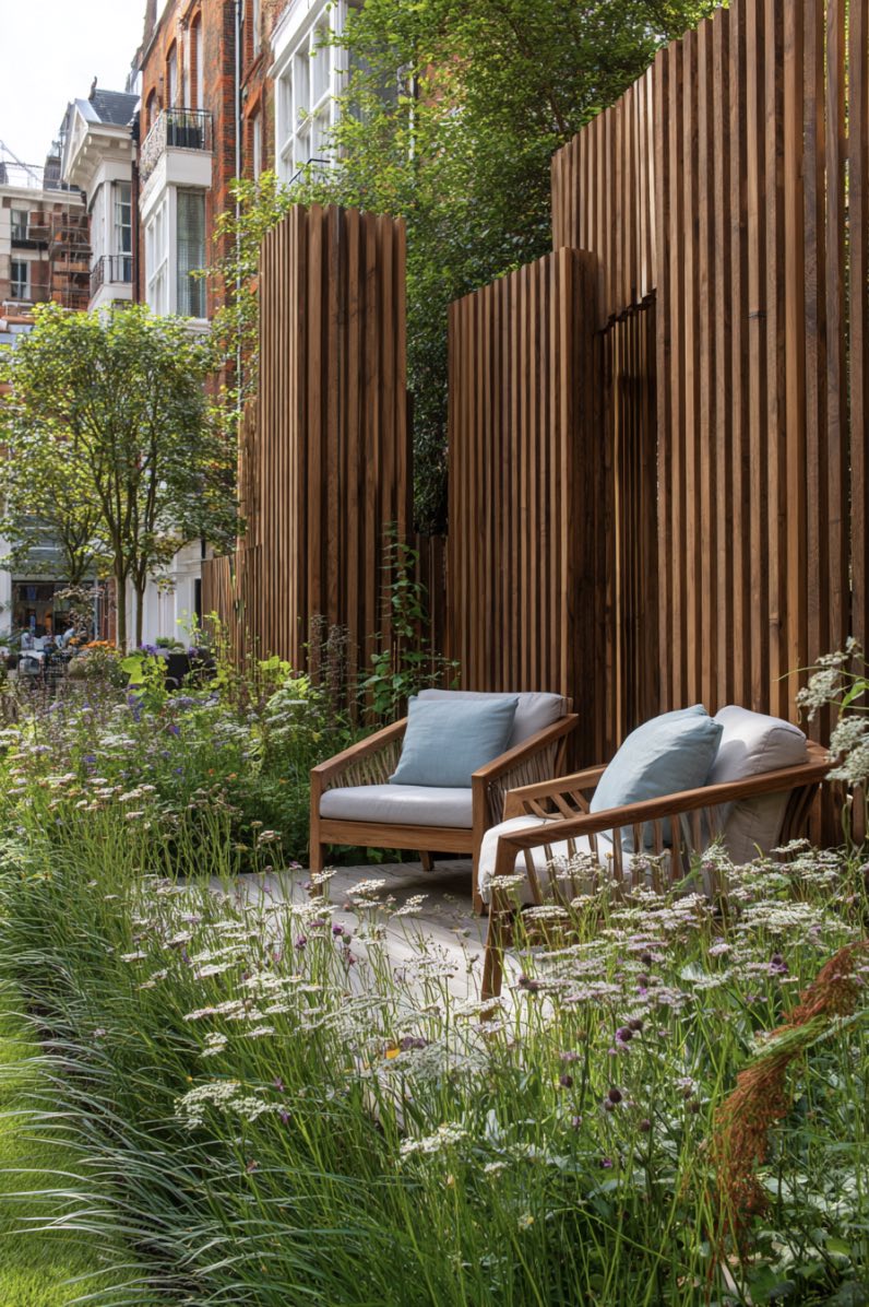 Wooden Slat Fence Around Cozy Outdoor Seating