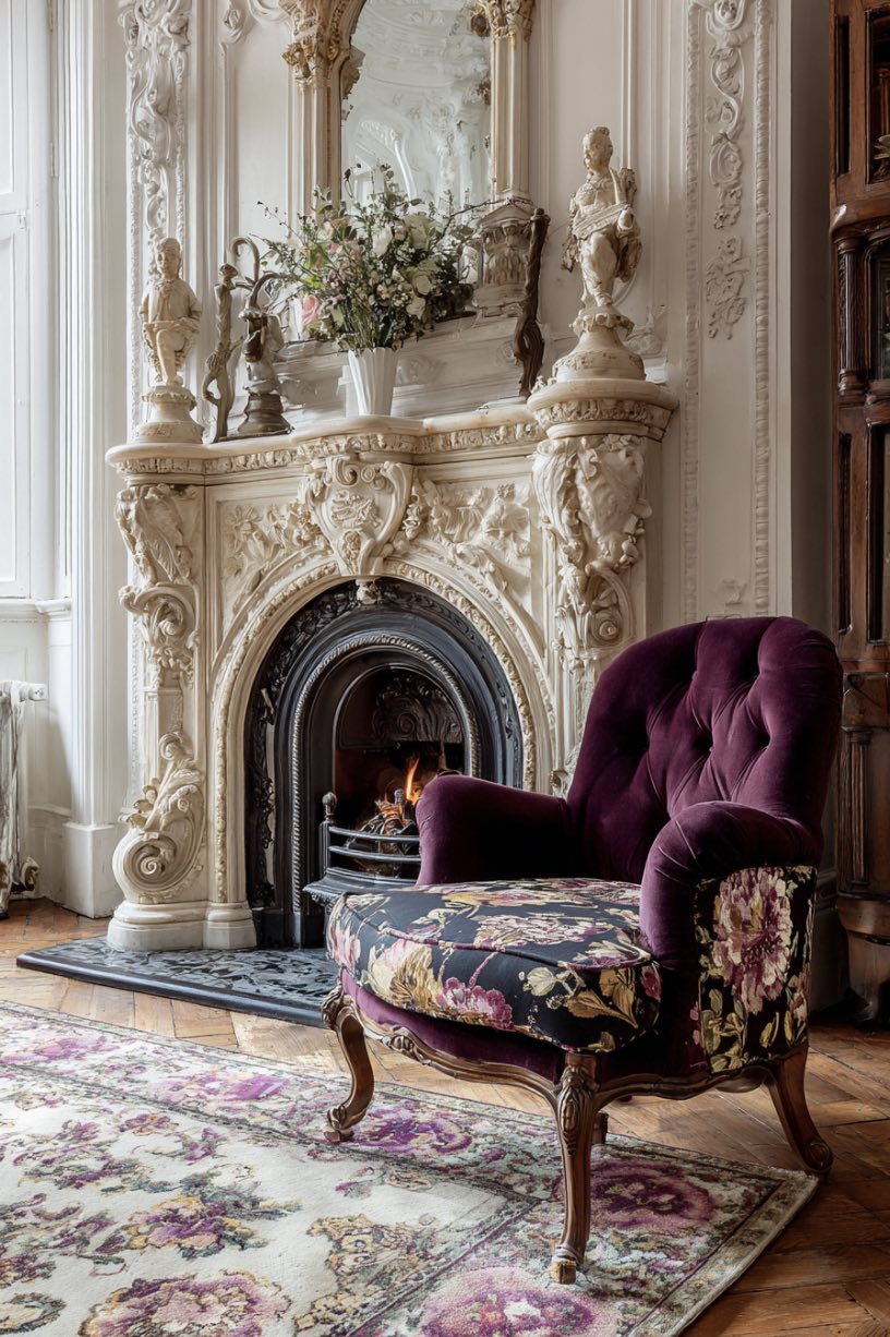 Compact Velvet Armchair by the Fireplace