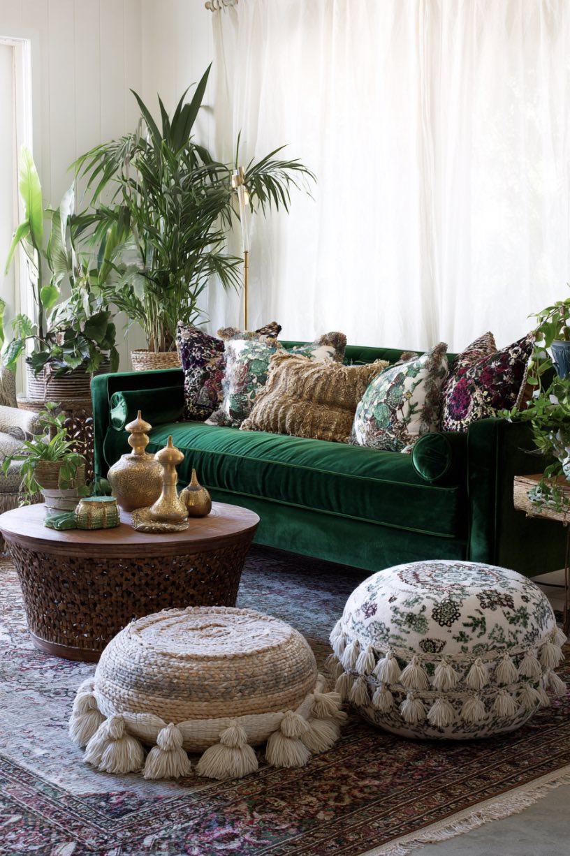 Velvet Sofa with Layered Textiles