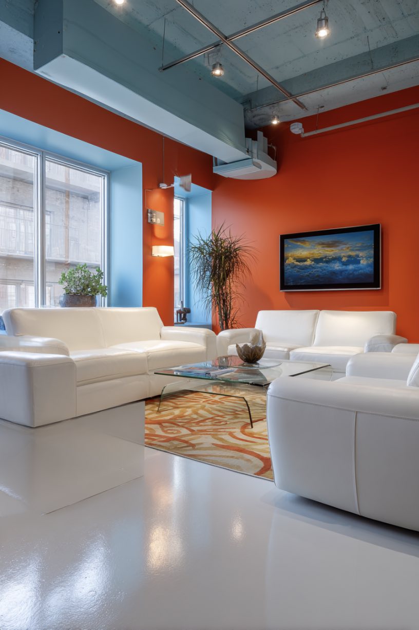 White, Orange, and Blue Living Room