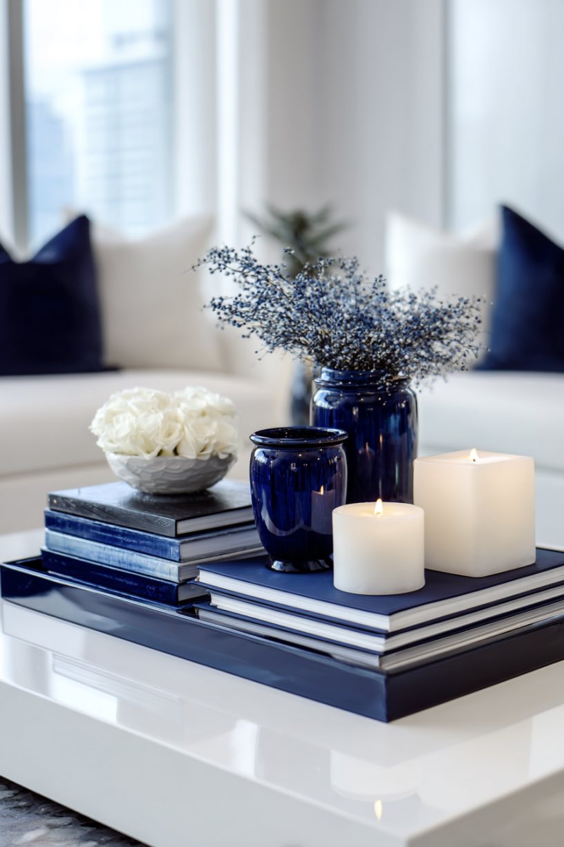 White Coffee Table with Navy Accessories