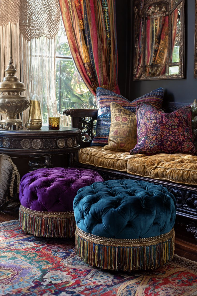 Tufted Ottomans with Fringe Details