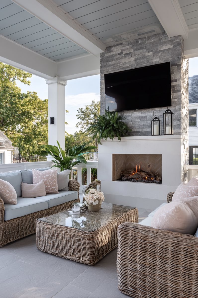 Elegant Porch with Cozy Fireplace