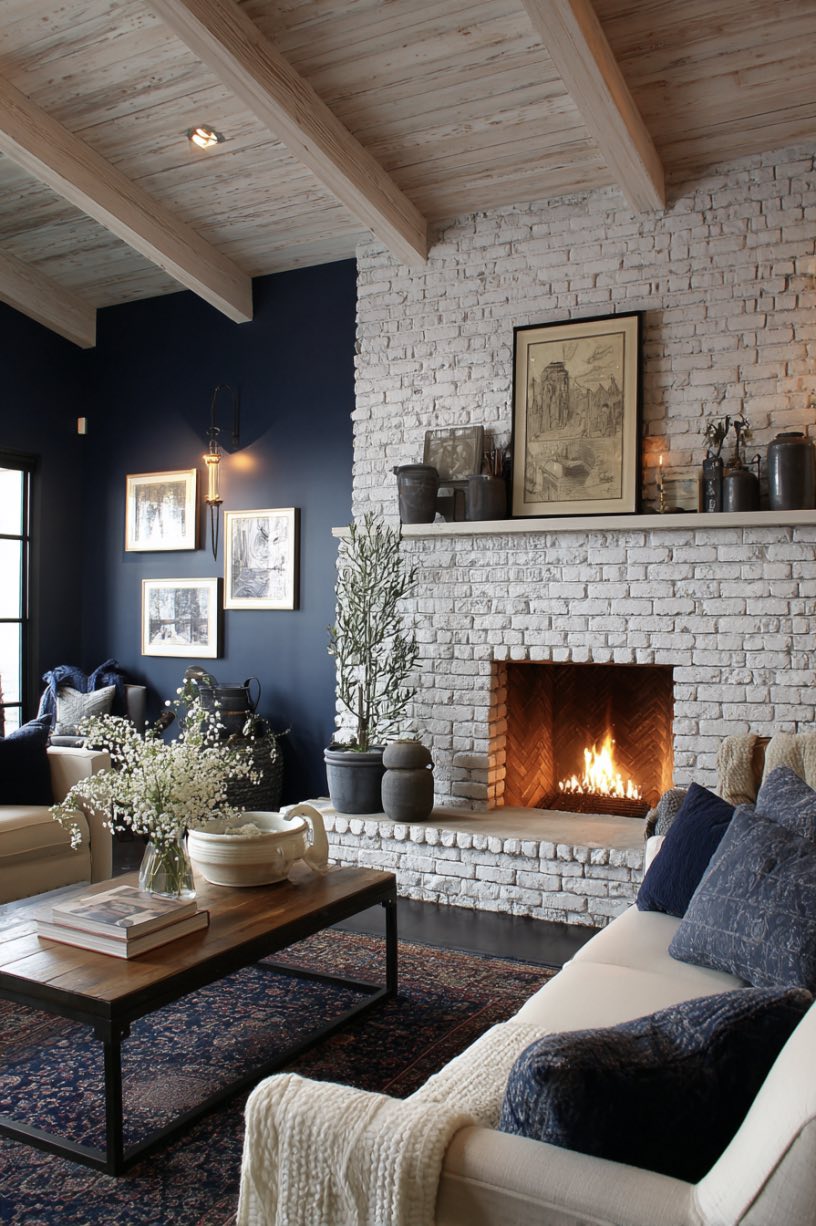 White Fireplace with Navy Surround