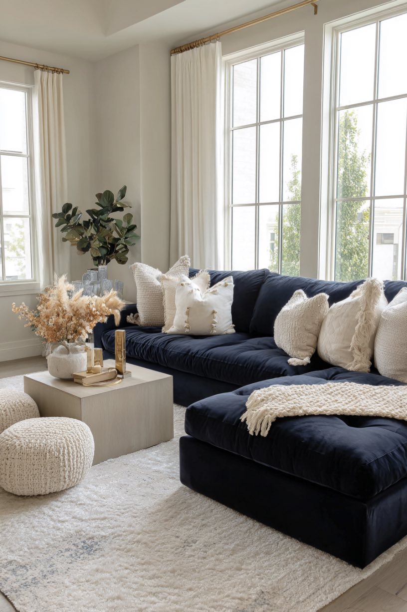 Navy Sectional with White Accents