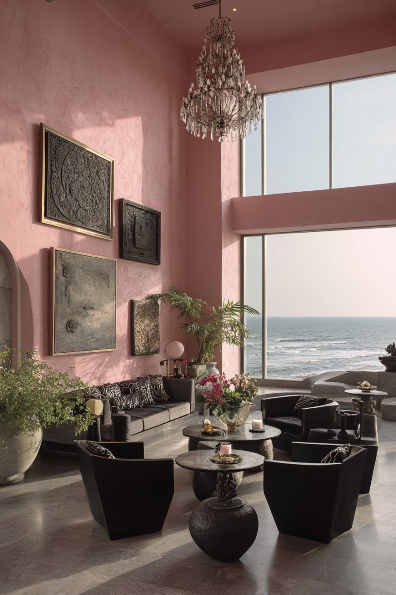 Peach Pink and Black Living Room
