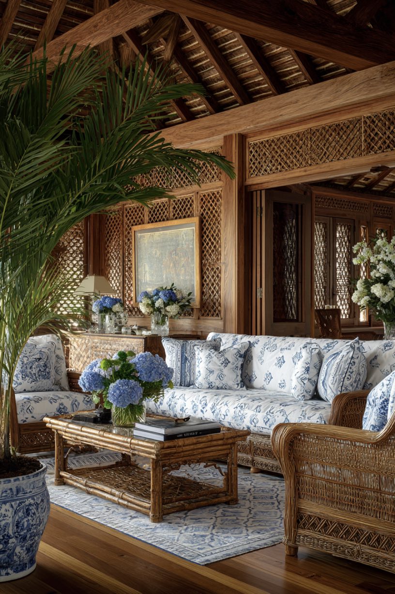 Blue and White Tropical Living Room