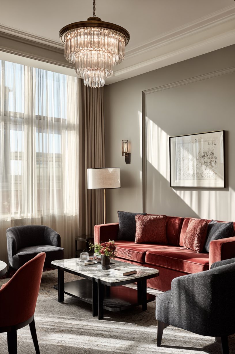 Red and Metallic Living Room