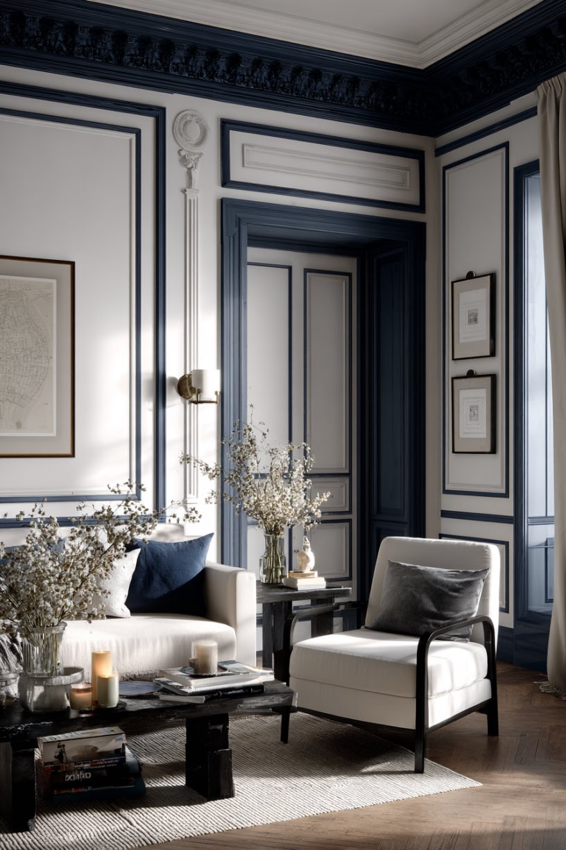 White Walls with Navy Trim or Molding