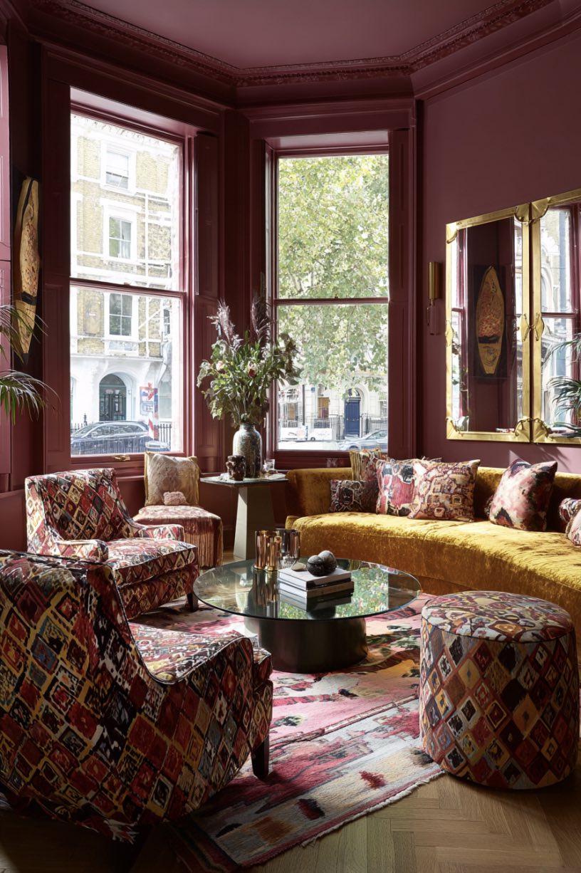 Burgundy and Yellow Living Room
