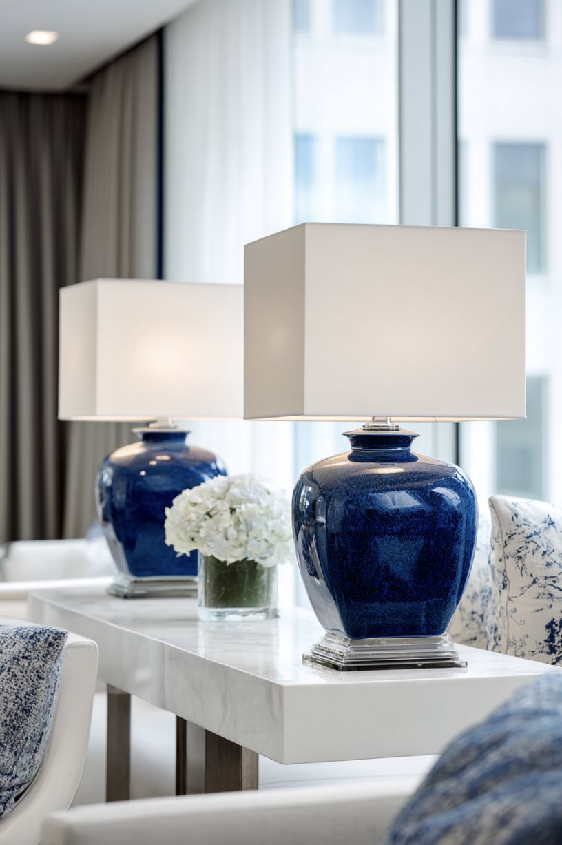 Navy Lamps on White Side Tables