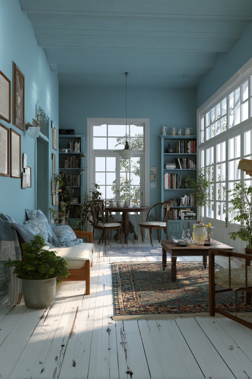 Blue Walls and White Wood Living Room