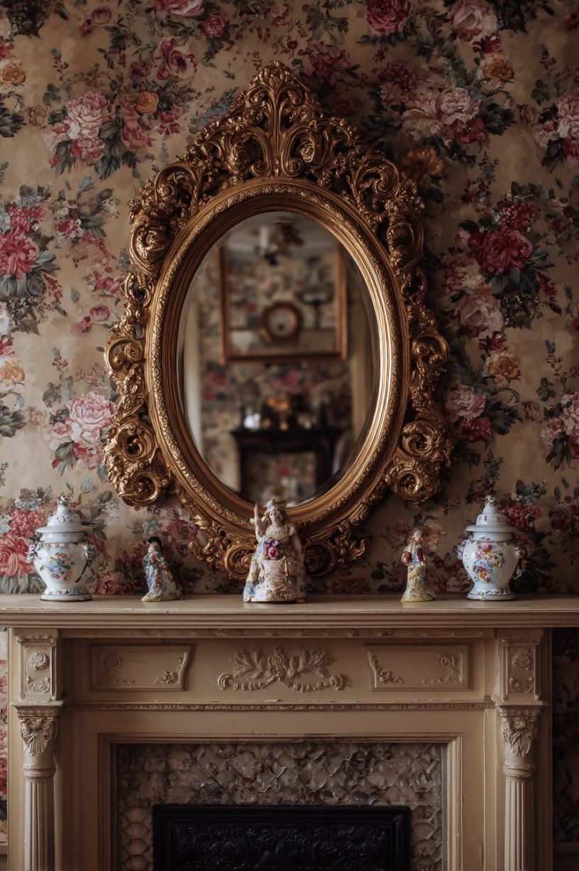 Ornate Gold Mirror Above a Small Mantel