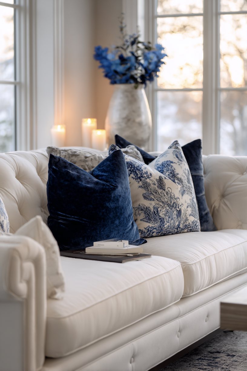 White Sofa with Navy Throw Pillows