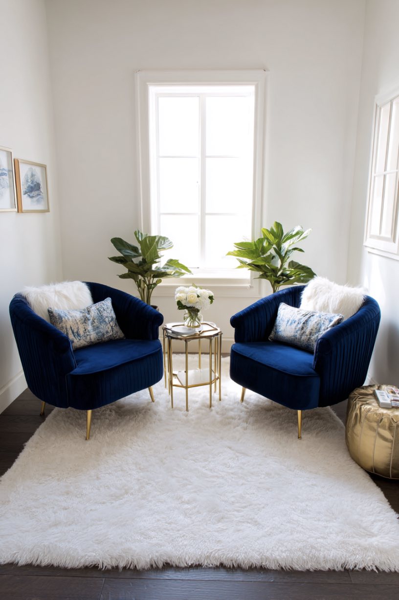 Navy Accent Chairs with White Area Rug