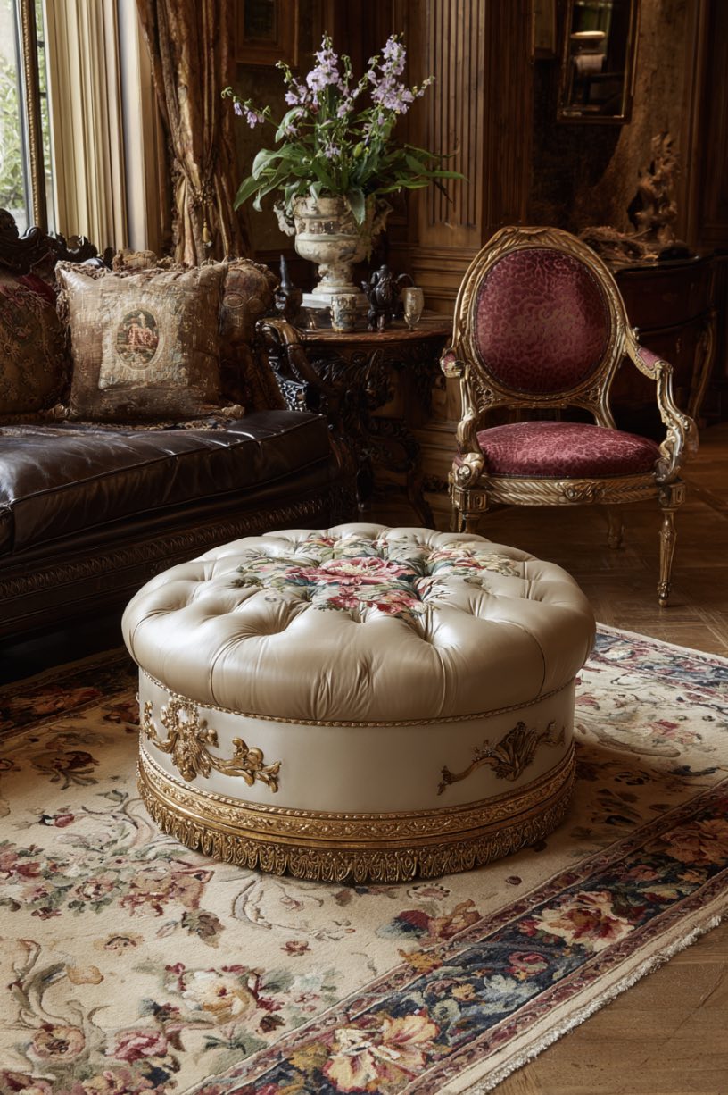 Round Ottoman with Tufting and Trim