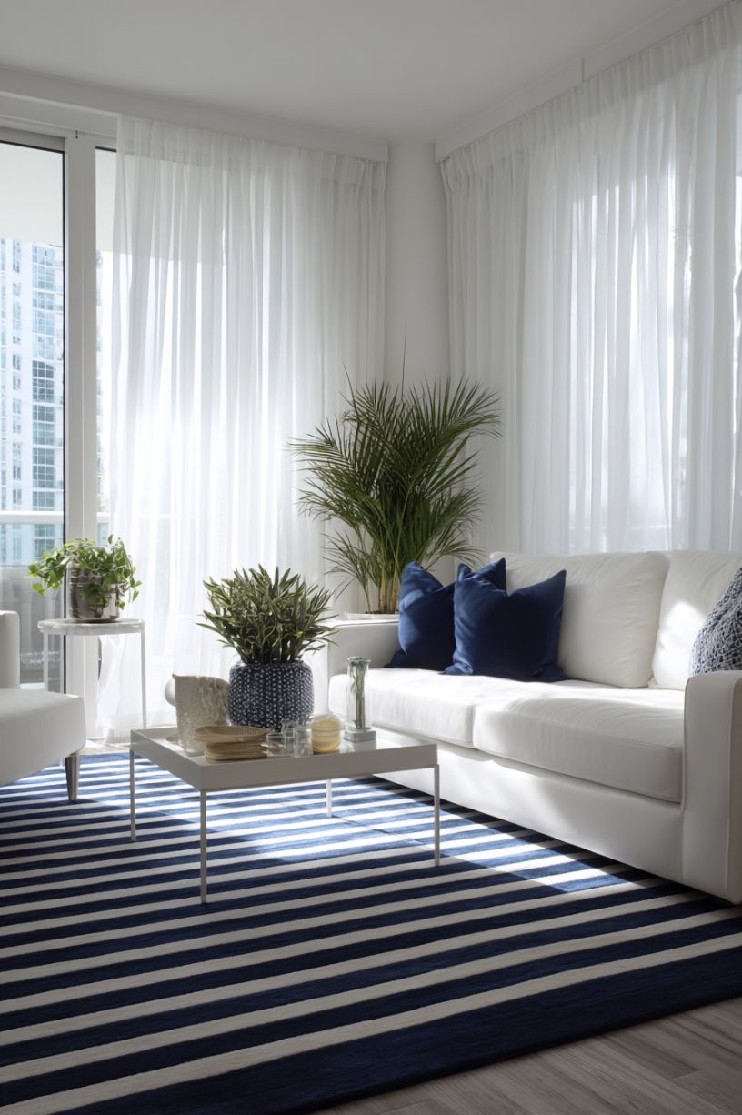 Navy and White Striped Rug
