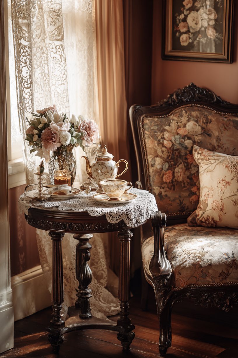 Antique Side Table with Lace Doilies