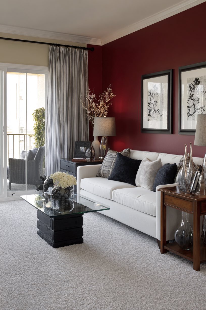 Dark Red, Grey and White Living Room