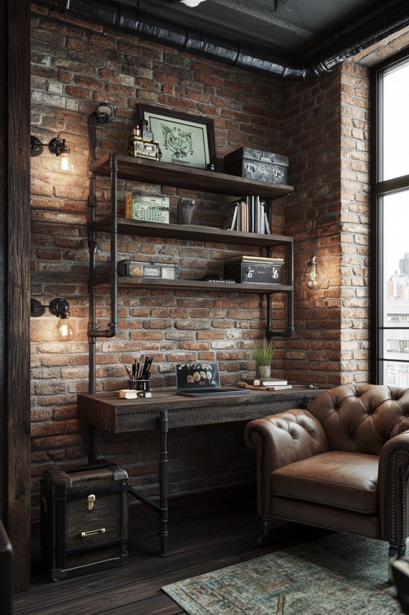Industrial Pipe Shelving Workspace