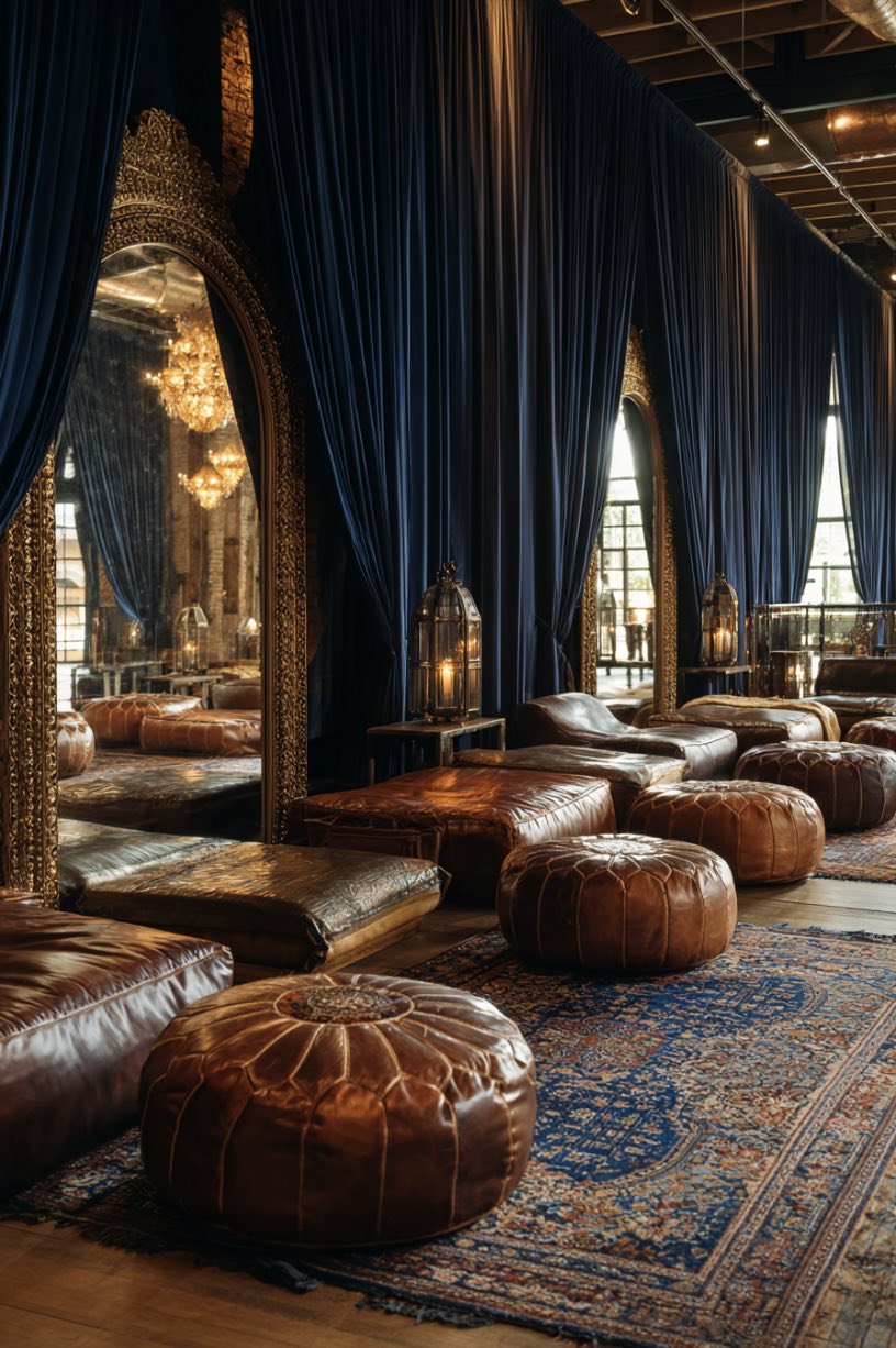 Moroccan Poufs and Luxe Curtains