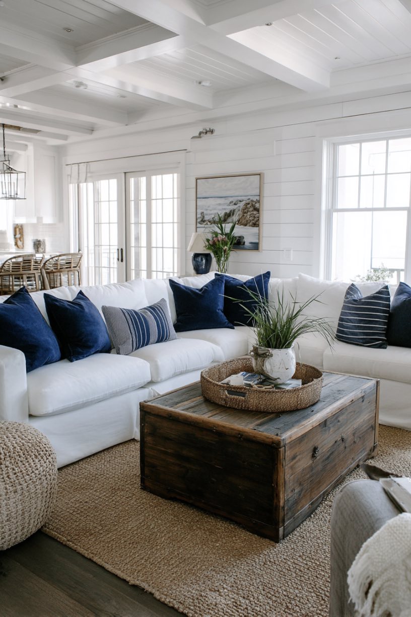 White Shiplap Walls with Navy Accents