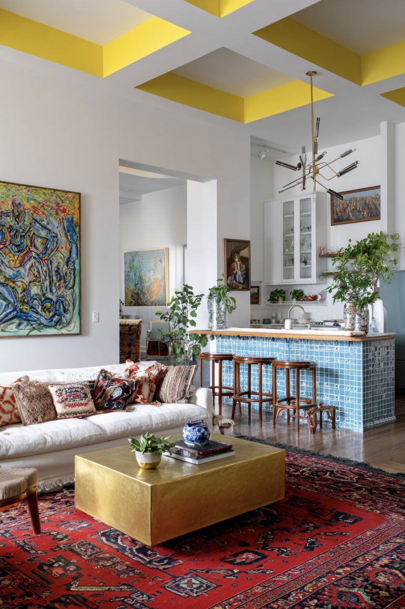 Eclectic Glow with a Bold Ceiling